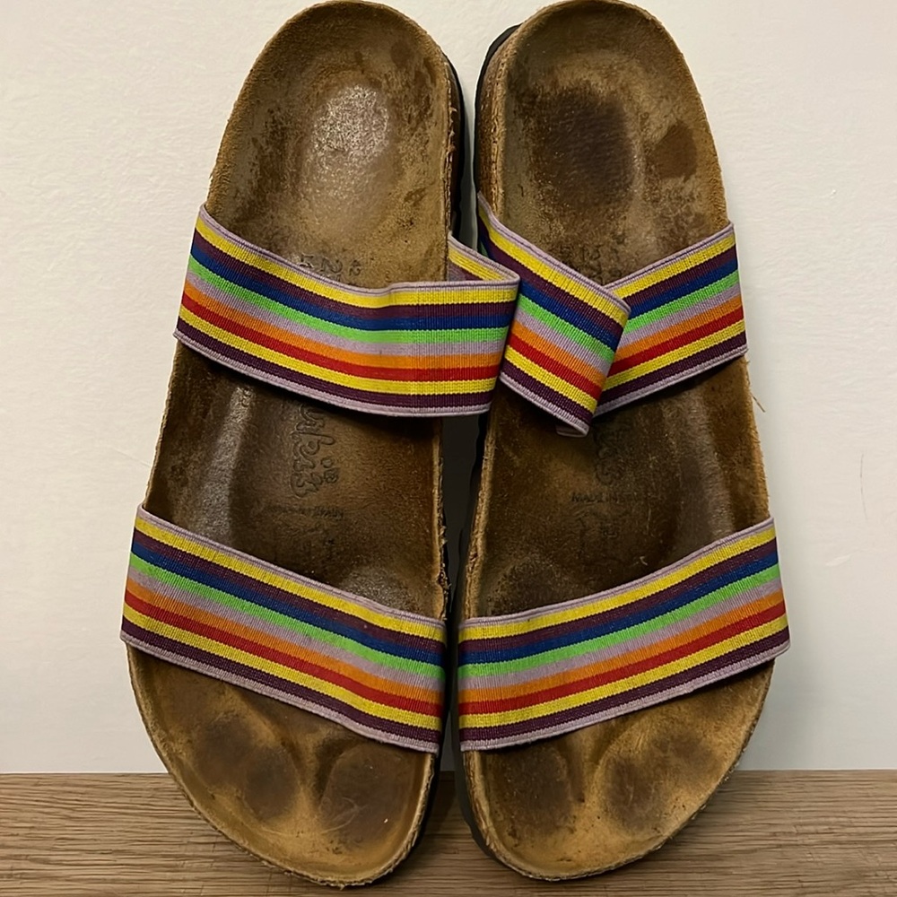 Birkenstock Two-Strap Sandals with Rainbow Stripe Webbing